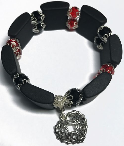 Rectangular Glass Bead Bracelet with Crystal Beads - Black and Red