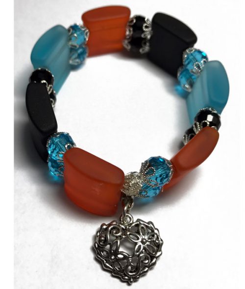 Rectangular Glass Bead Bracelet with Crystal Beads Blue Orange and Black